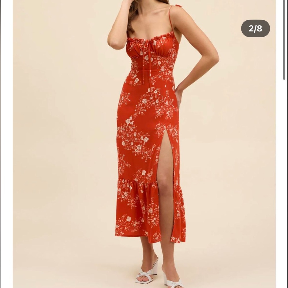 SOLD Red Floral Midi Dress with Slit